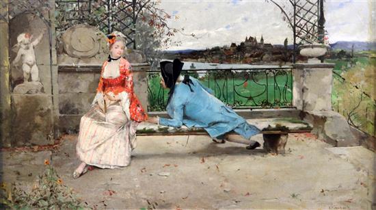 Auguste Emile Pinchart (1842-1920) Lovers on a terrace, a town beyond, 13 x 22in.